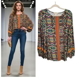 Matilda Jane Boho Tunic Top Women's Sz M Multicolor Floral Puff Sleeve Pullover